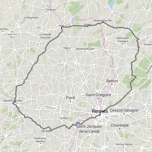 Miniature de la carte de l'inspiration cycliste "Tour de Montfort-sur-Meu" dans la Bretagne, France. Générée par le planificateur d'itinéraire cycliste Tarmacs.app