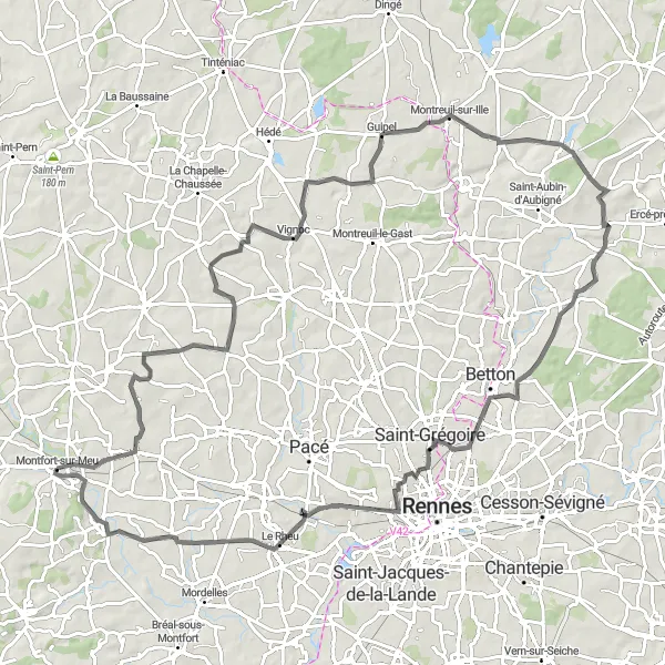 Miniature de la carte de l'inspiration cycliste "Boucle à vélo Parthenay-de-Bretagne" dans la Bretagne, France. Générée par le planificateur d'itinéraire cycliste Tarmacs.app