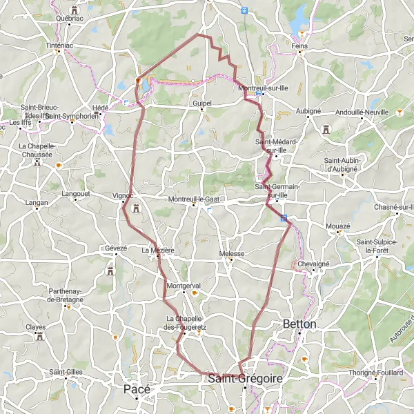 Miniature de la carte de l'inspiration cycliste "Boucle des Châteaux en Gravel" dans la Bretagne, France. Générée par le planificateur d'itinéraire cycliste Tarmacs.app