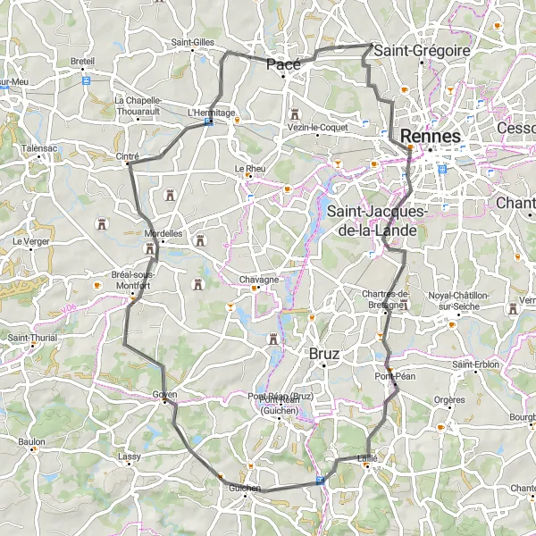 Map miniature of "Discover L'Hermitage" cycling inspiration in Bretagne, France. Generated by Tarmacs.app cycling route planner