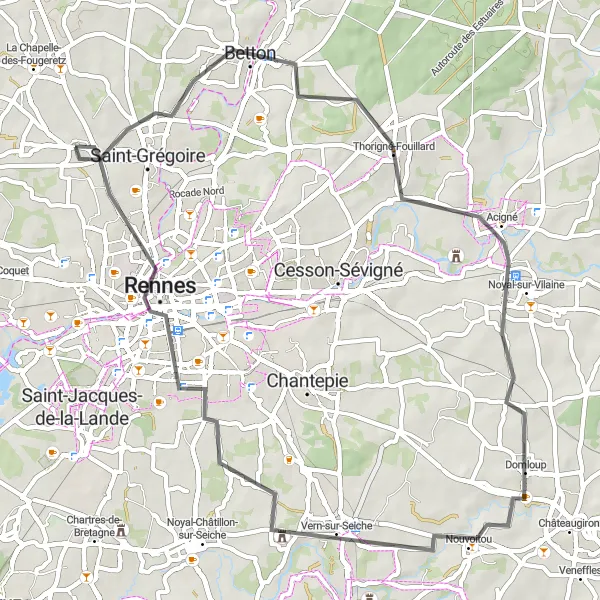 Map miniature of "Montgermont to Rennes Loop" cycling inspiration in Bretagne, France. Generated by Tarmacs.app cycling route planner