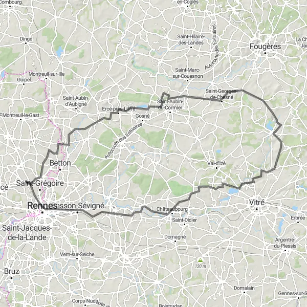 Map miniature of "Montgermont to Rennes and Back" cycling inspiration in Bretagne, France. Generated by Tarmacs.app cycling route planner