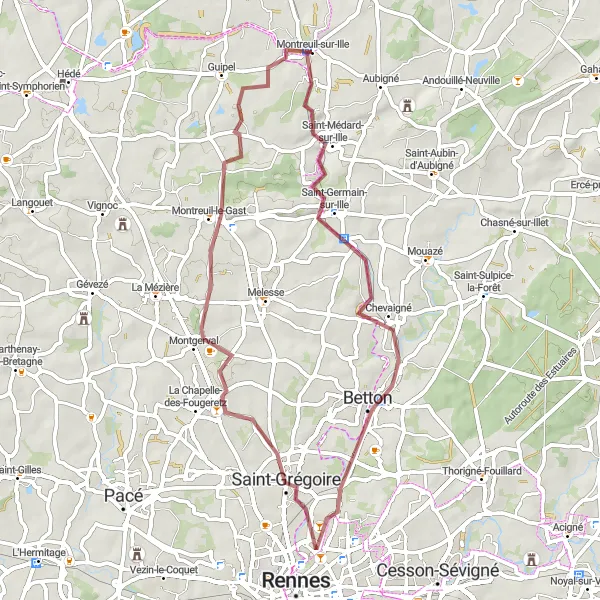 Map miniature of "Montreuil-sur-Ille Gravel Loop" cycling inspiration in Bretagne, France. Generated by Tarmacs.app cycling route planner