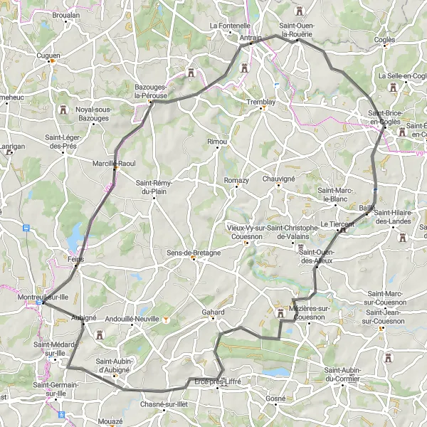 Map miniature of "The Montreuil Circuit" cycling inspiration in Bretagne, France. Generated by Tarmacs.app cycling route planner