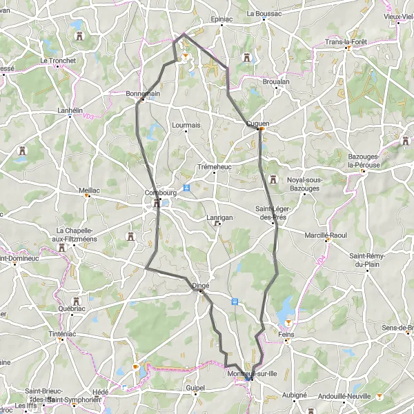 Map miniature of "Dingé Loop Ride" cycling inspiration in Bretagne, France. Generated by Tarmacs.app cycling route planner