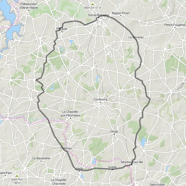 Map miniature of "Montreuil-sur-Ille Scenic Road Loop" cycling inspiration in Bretagne, France. Generated by Tarmacs.app cycling route planner