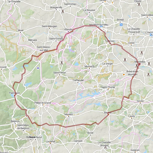 Miniature de la carte de l'inspiration cycliste "Boucle de Montfort" dans la Bretagne, France. Générée par le planificateur d'itinéraire cycliste Tarmacs.app