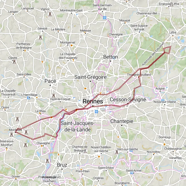 Miniature de la carte de l'inspiration cycliste "Parcours gravel entre Rennes et Mordelles" dans la Bretagne, France. Générée par le planificateur d'itinéraire cycliste Tarmacs.app