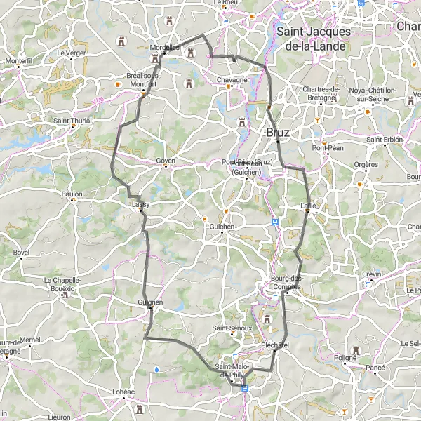 Miniature de la carte de l'inspiration cycliste "Bruz - Laillé Loop" dans la Bretagne, France. Générée par le planificateur d'itinéraire cycliste Tarmacs.app