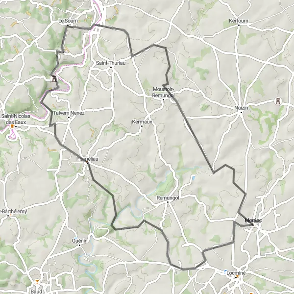 Map miniature of "Moréac and Surroundings" cycling inspiration in Bretagne, France. Generated by Tarmacs.app cycling route planner
