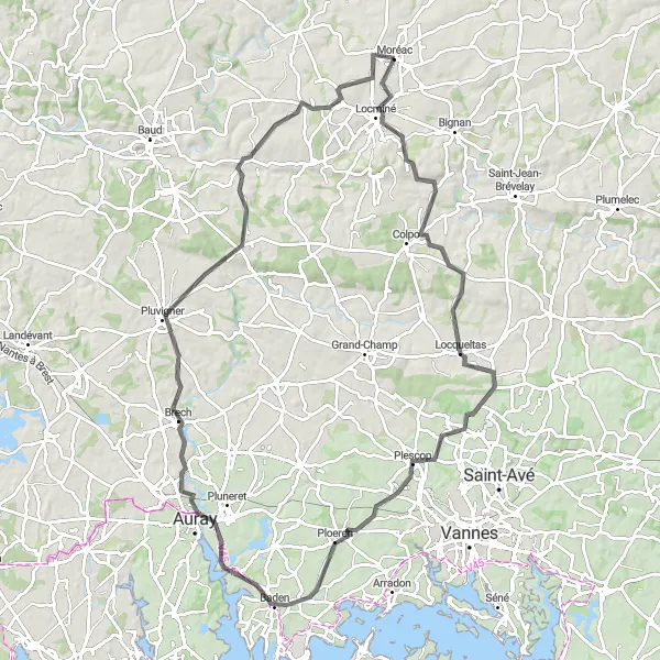 Map miniature of "The Moréac Circular" cycling inspiration in Bretagne, France. Generated by Tarmacs.app cycling route planner