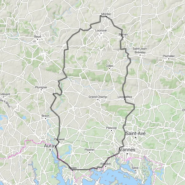 Map miniature of "Around Moréac and Beyond" cycling inspiration in Bretagne, France. Generated by Tarmacs.app cycling route planner