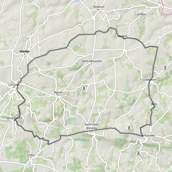 Map miniature of "Buléon and Guéhenno Circuit" cycling inspiration in Bretagne, France. Generated by Tarmacs.app cycling route planner