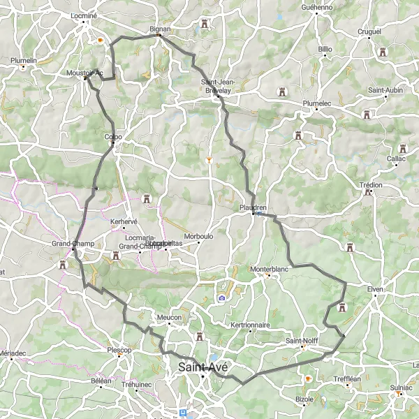 Map miniature of "Saint-Jean-Brévelay and Saint-Avé Loop" cycling inspiration in Bretagne, France. Generated by Tarmacs.app cycling route planner