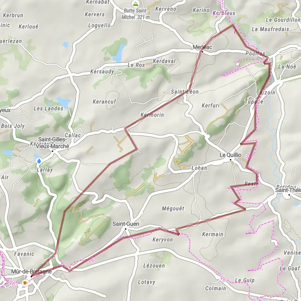 Miniature de la carte de l'inspiration cycliste "Parcours Gravel autour de Mûr-de-Bretagne" dans la Bretagne, France. Générée par le planificateur d'itinéraire cycliste Tarmacs.app