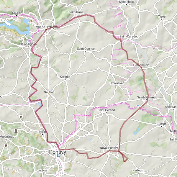 Miniature de la carte de l'inspiration cycliste "Le Circuit de Pontivy" dans la Bretagne, France. Générée par le planificateur d'itinéraire cycliste Tarmacs.app
