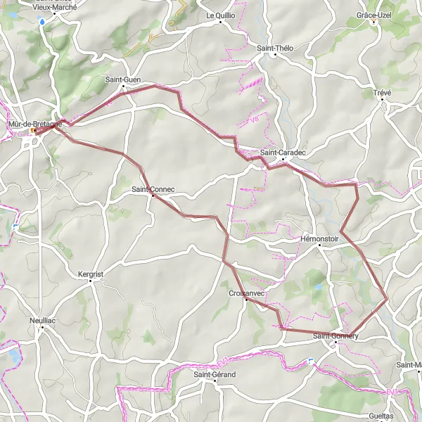 Miniature de la carte de l'inspiration cycliste "Randonnée en Gravel à travers la campagne bretonne" dans la Bretagne, France. Générée par le planificateur d'itinéraire cycliste Tarmacs.app