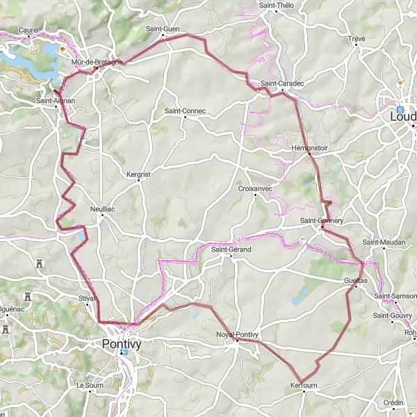 Miniature de la carte de l'inspiration cycliste "Itinéraire Gravel près de Mûr-de-Bretagne" dans la Bretagne, France. Générée par le planificateur d'itinéraire cycliste Tarmacs.app