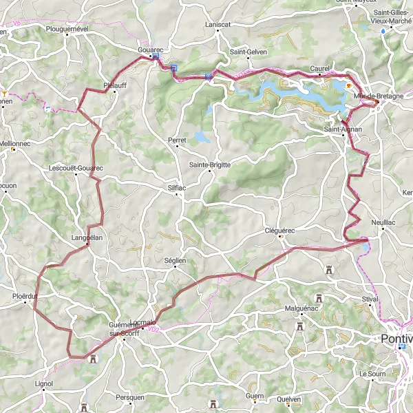 Miniature de la carte de l'inspiration cycliste "Boucle du Lac de Guerledan" dans la Bretagne, France. Générée par le planificateur d'itinéraire cycliste Tarmacs.app