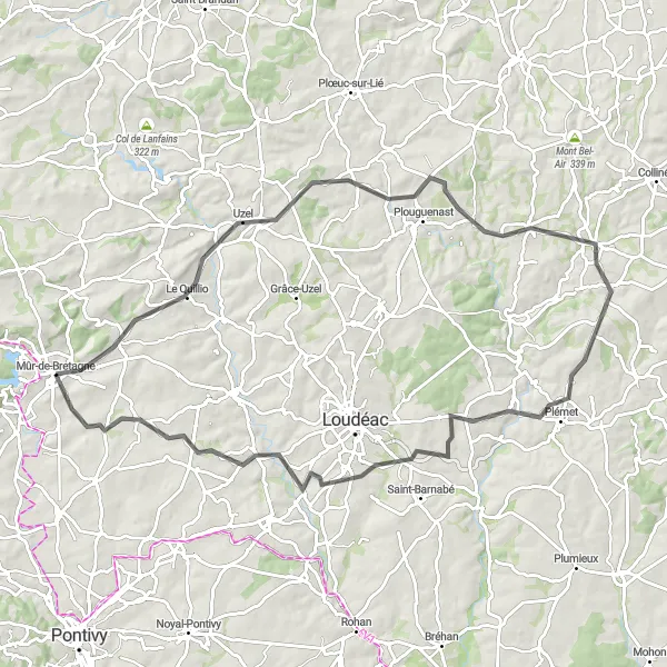 Miniature de la carte de l'inspiration cycliste "Circuit Road à proximité de Mûr-de-Bretagne" dans la Bretagne, France. Générée par le planificateur d'itinéraire cycliste Tarmacs.app