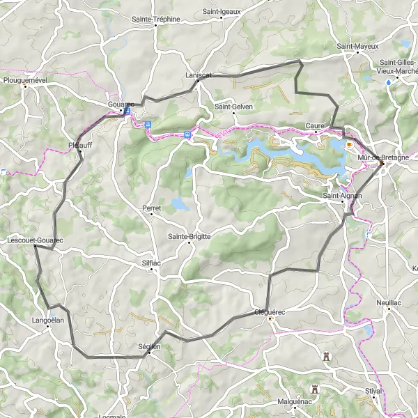 Miniature de la carte de l'inspiration cycliste "Parcours pittoresque autour de Gouarec" dans la Bretagne, France. Générée par le planificateur d'itinéraire cycliste Tarmacs.app