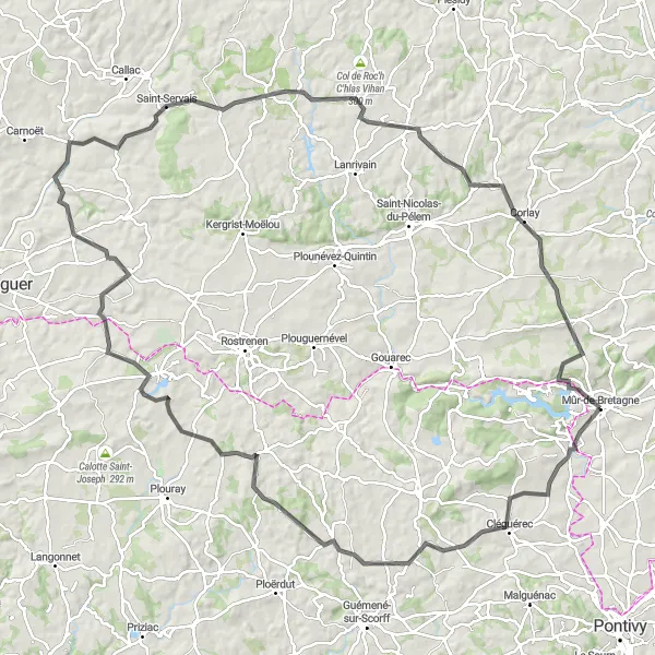 Miniature de la carte de l'inspiration cycliste "Parcours Road près de Mûr-de-Bretagne" dans la Bretagne, France. Générée par le planificateur d'itinéraire cycliste Tarmacs.app