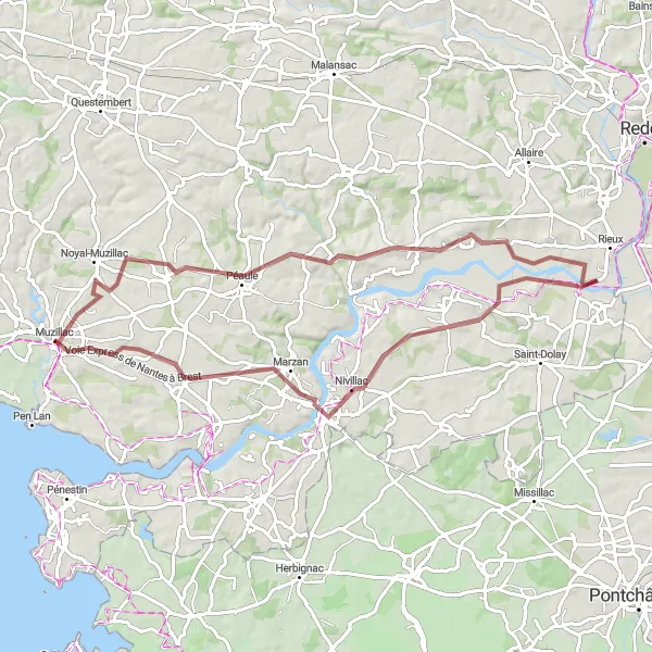 Miniature de la carte de l'inspiration cycliste "Les collines de Muzillac" dans la Bretagne, France. Générée par le planificateur d'itinéraire cycliste Tarmacs.app