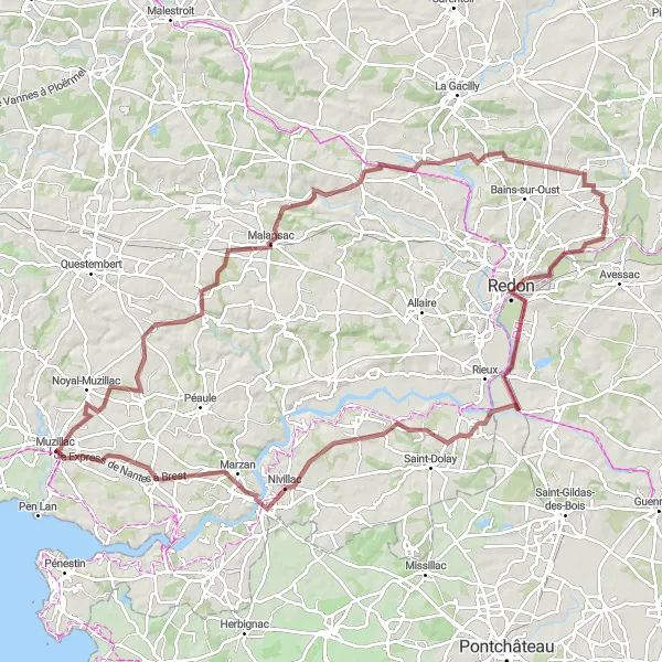 Map miniature of "Gravel Adventure near Muzillac" cycling inspiration in Bretagne, France. Generated by Tarmacs.app cycling route planner