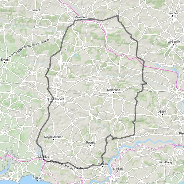 Miniature de la carte de l'inspiration cycliste "Parcours du Marais salan" dans la Bretagne, France. Générée par le planificateur d'itinéraire cycliste Tarmacs.app