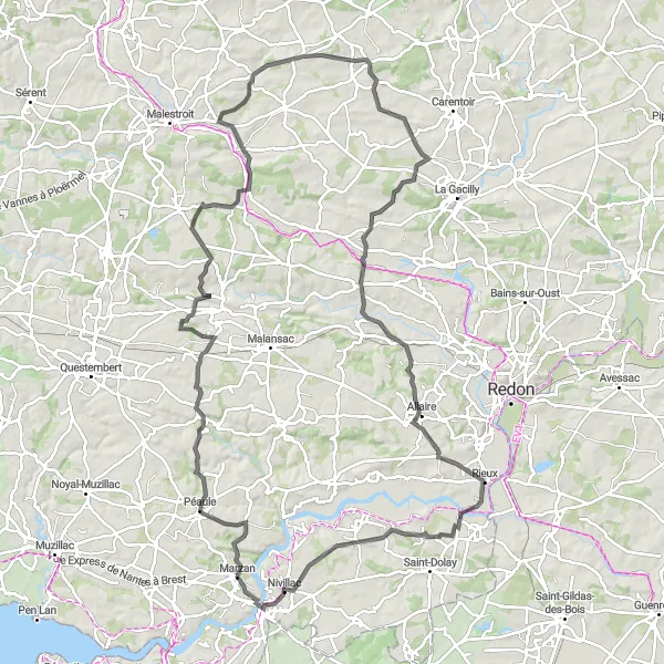 Map miniature of "Hills and Valleys" cycling inspiration in Bretagne, France. Generated by Tarmacs.app cycling route planner