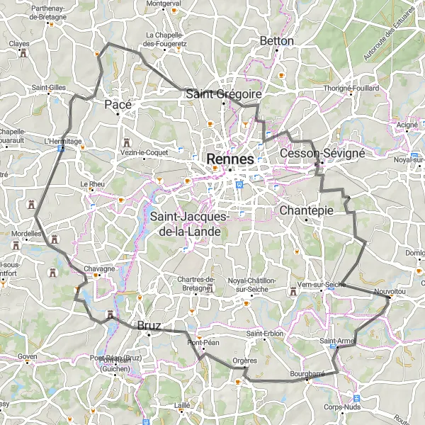 Map miniature of "Bourgbarré to Cesson-Sévigné Loop" cycling inspiration in Bretagne, France. Generated by Tarmacs.app cycling route planner