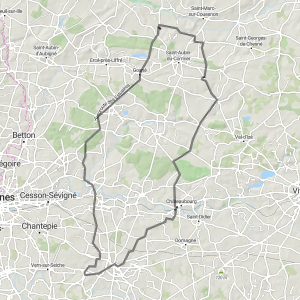 Miniature de la carte de l'inspiration cycliste "Circuit cycliste panoramique autour de Nouvoitou" dans la Bretagne, France. Générée par le planificateur d'itinéraire cycliste Tarmacs.app