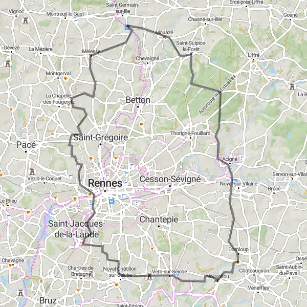 Map miniature of "Vern-sur-Seiche to Mouazé Circuit" cycling inspiration in Bretagne, France. Generated by Tarmacs.app cycling route planner