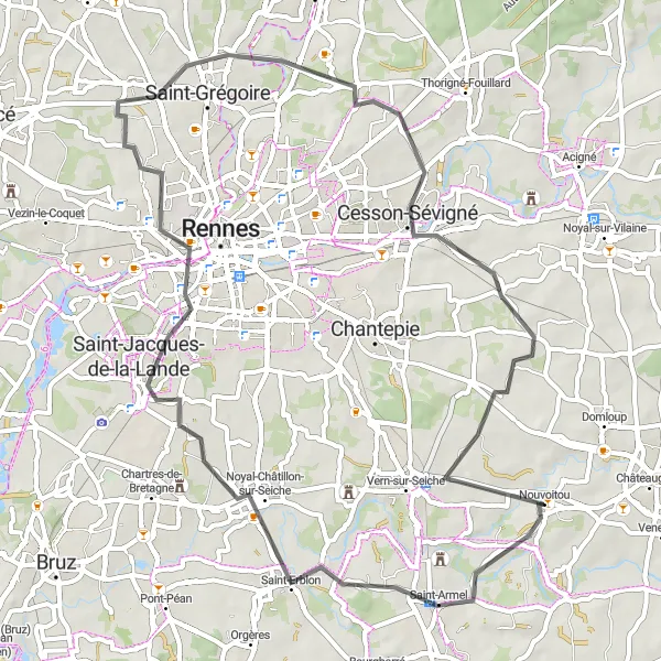 Map miniature of "Noyal-Châtillon-sur-Seiche Loop" cycling inspiration in Bretagne, France. Generated by Tarmacs.app cycling route planner