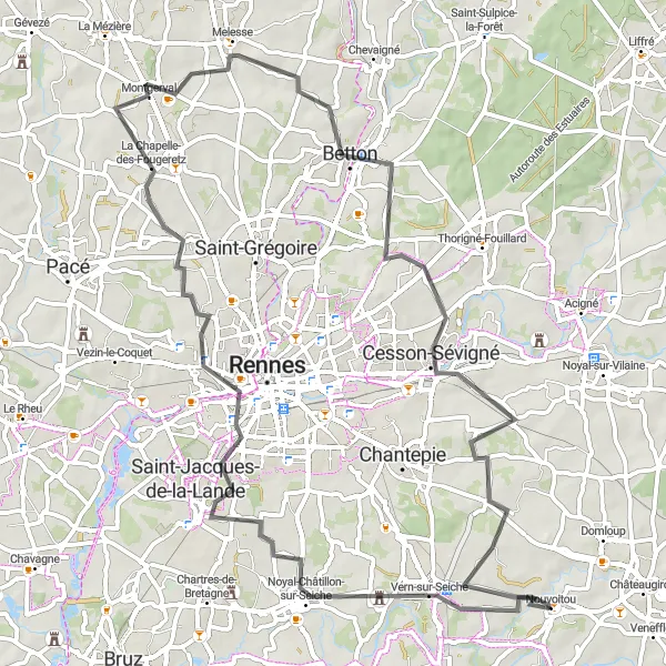 Miniature de la carte de l'inspiration cycliste "Les collines de Rennes" dans la Bretagne, France. Générée par le planificateur d'itinéraire cycliste Tarmacs.app