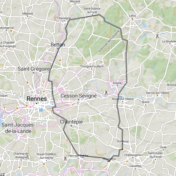 Miniature de la carte de l'inspiration cycliste "Itinéraire de cyclisme rural près de Nouvoitou" dans la Bretagne, France. Générée par le planificateur d'itinéraire cycliste Tarmacs.app