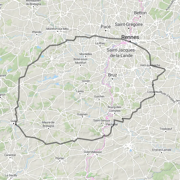 Map miniature of "Corps-Nuds Circuit" cycling inspiration in Bretagne, France. Generated by Tarmacs.app cycling route planner