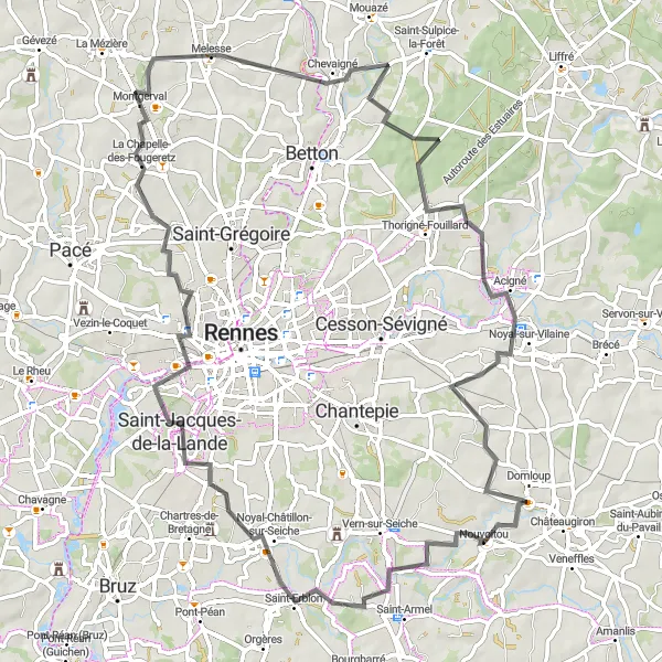Miniature de la carte de l'inspiration cycliste "Tour de l'Ouest Rennais" dans la Bretagne, France. Générée par le planificateur d'itinéraire cycliste Tarmacs.app
