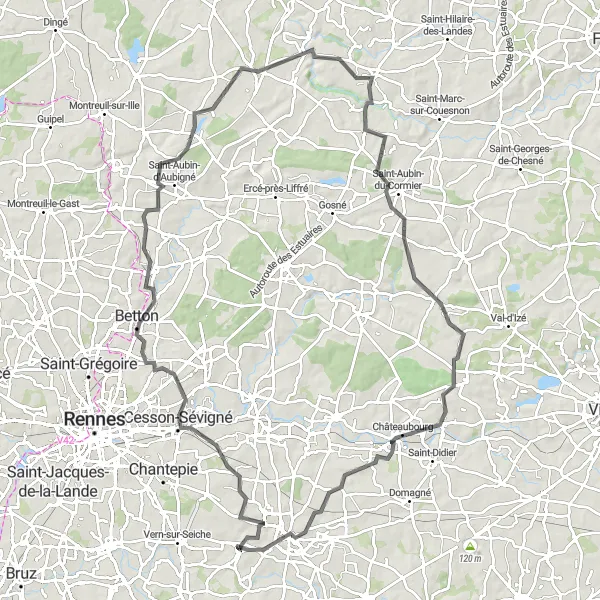 Map miniature of "The Cesson-Sévigné Loop" cycling inspiration in Bretagne, France. Generated by Tarmacs.app cycling route planner
