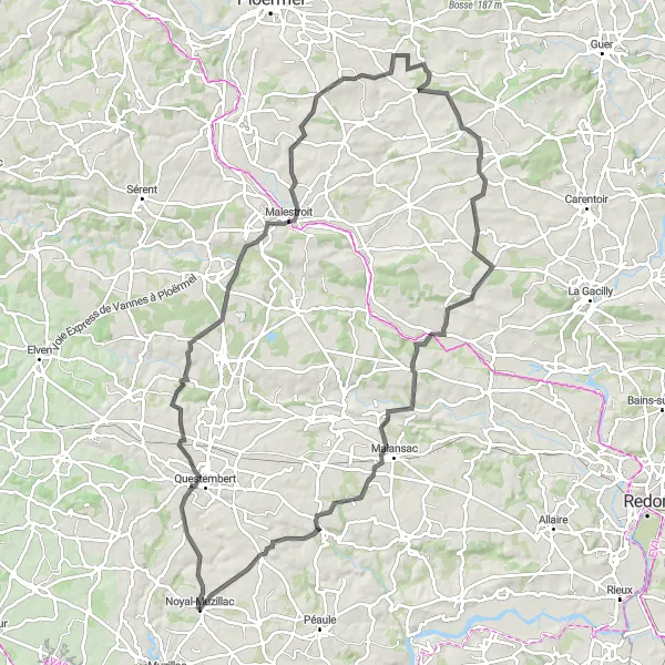 Miniature de la carte de l'inspiration cycliste "Parcours routier à travers la campagne bretonne" dans la Bretagne, France. Générée par le planificateur d'itinéraire cycliste Tarmacs.app