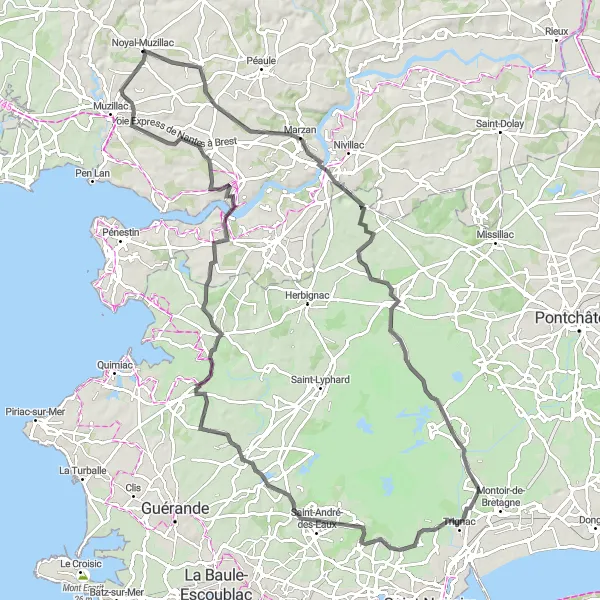 Miniature de la carte de l'inspiration cycliste "Circuit des Marais" dans la Bretagne, France. Générée par le planificateur d'itinéraire cycliste Tarmacs.app