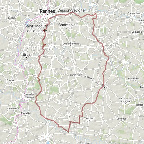 Miniature de la carte de l'inspiration cycliste "Parcours tout terrain en boucle autour de Laillé" dans la Bretagne, France. Générée par le planificateur d'itinéraire cycliste Tarmacs.app