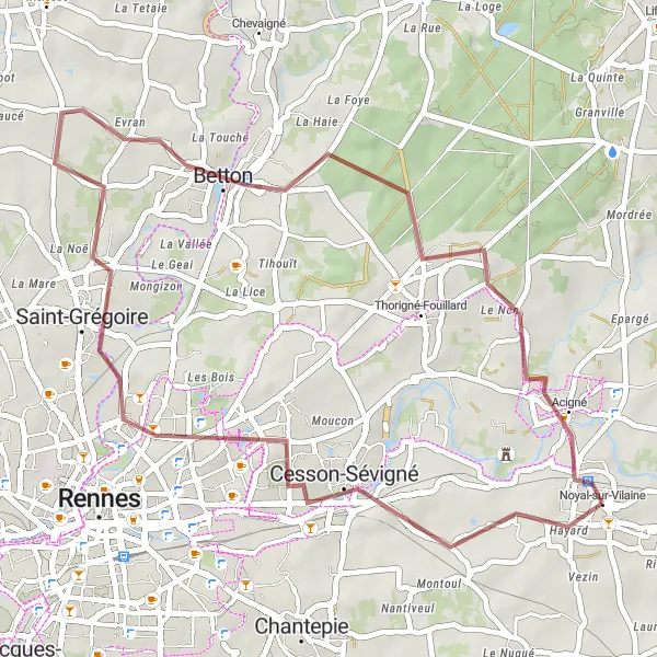 Miniature de la carte de l'inspiration cycliste "Itinéraire de gravel à travers la campagne bretonne" dans la Bretagne, France. Générée par le planificateur d'itinéraire cycliste Tarmacs.app