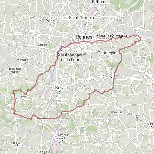 Miniature de la carte de l'inspiration cycliste "Parcours de gravel autour de Noyal-sur-Vilaine" dans la Bretagne, France. Générée par le planificateur d'itinéraire cycliste Tarmacs.app