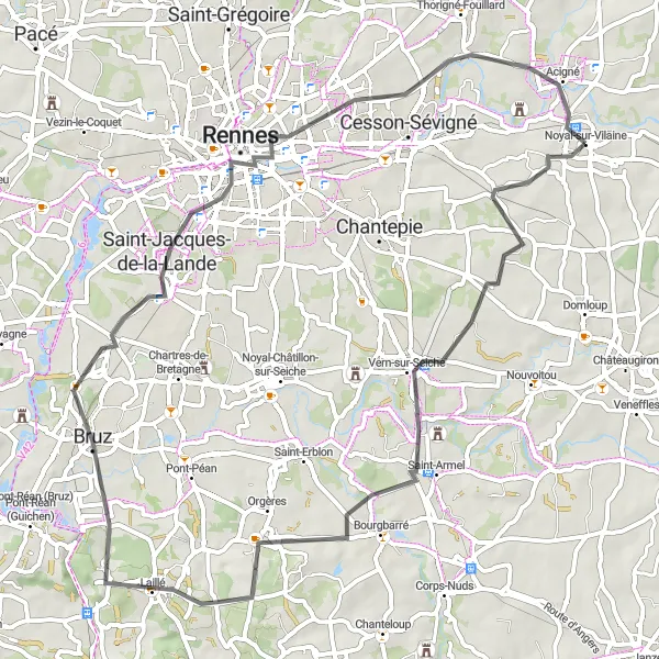 Miniature de la carte de l'inspiration cycliste "Parcours routier à travers les terres bretonnes" dans la Bretagne, France. Générée par le planificateur d'itinéraire cycliste Tarmacs.app