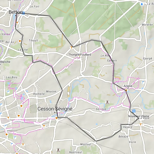 Miniature de la carte de l'inspiration cycliste "Excursion cyclable autour de Noyal-sur-Vilaine" dans la Bretagne, France. Générée par le planificateur d'itinéraire cycliste Tarmacs.app