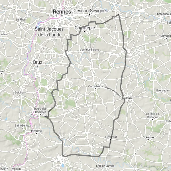 Miniature de la carte de l'inspiration cycliste "Boucle vers Noyal-Châtillon-sur-Seiche" dans la Bretagne, France. Générée par le planificateur d'itinéraire cycliste Tarmacs.app