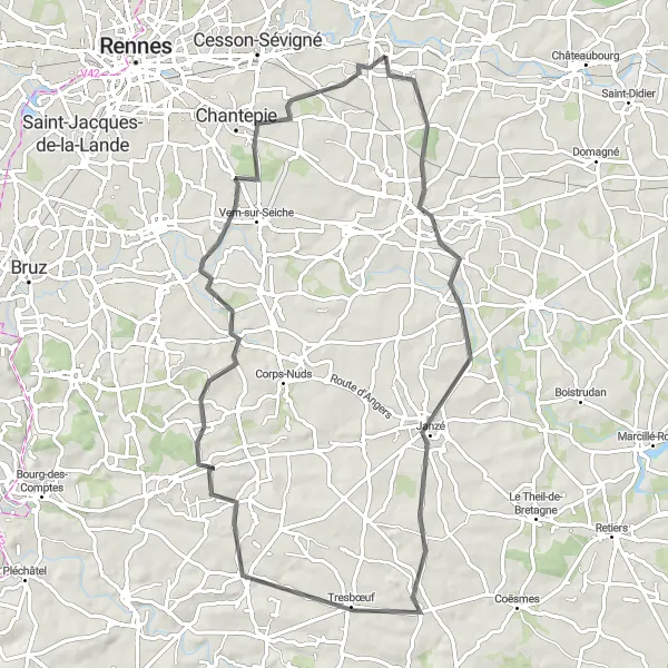 Map miniature of "Noyal-sur-Vilaine Loop" cycling inspiration in Bretagne, France. Generated by Tarmacs.app cycling route planner