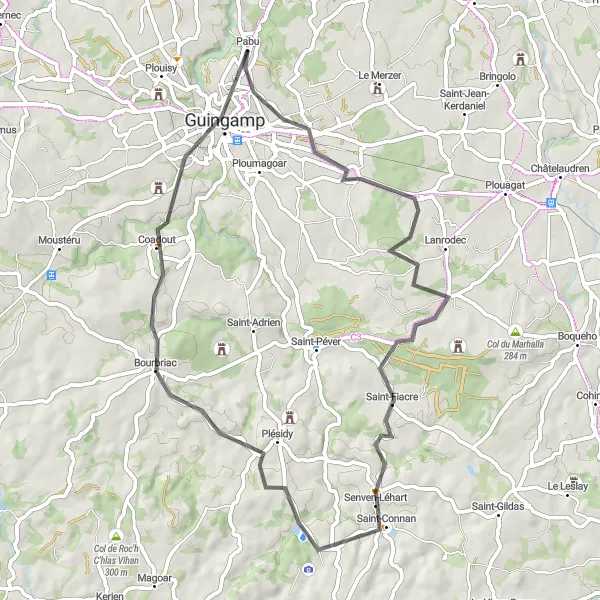 Map miniature of "Pabu-Hent Meur-Saint-Connan-Guingamp Road Ride" cycling inspiration in Bretagne, France. Generated by Tarmacs.app cycling route planner