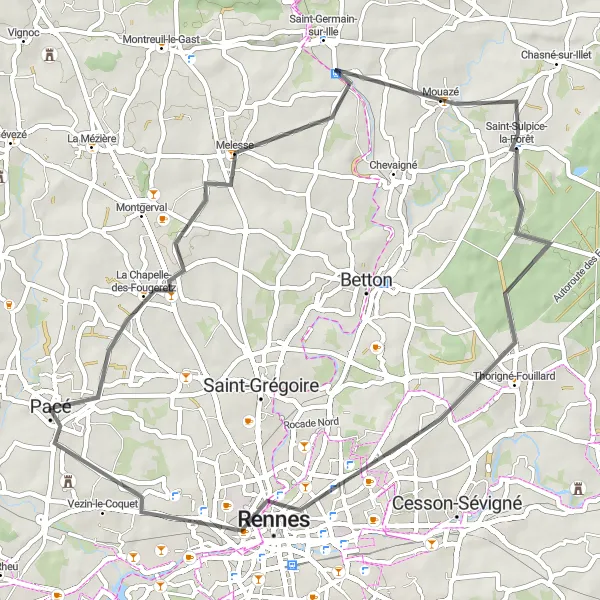 Map miniature of "Road Cycling Route Pacé- La Chapelle-des-Fougeretz- Melesse- Saint-Germain-sur-Ille- Saint-Sulpice-la-Forêt- Rennes- Vezin-le-Coquet" cycling inspiration in Bretagne, France. Generated by Tarmacs.app cycling route planner
